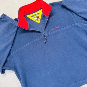 Vintage Tommy Hilfiger Pullover Men XL Blue 1/4 Zip Fleece Sweatshirt Preppy Y2K